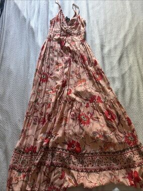 Peach Floral Tiered Maxi Dress with Red Blooms